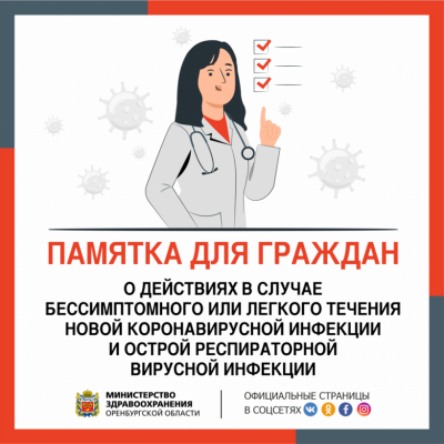 Памятка для граждан о действиях в случае бессимптомного или легкого течения новой коронавирусной инфекции и острой респираторной вирусной инфекции.